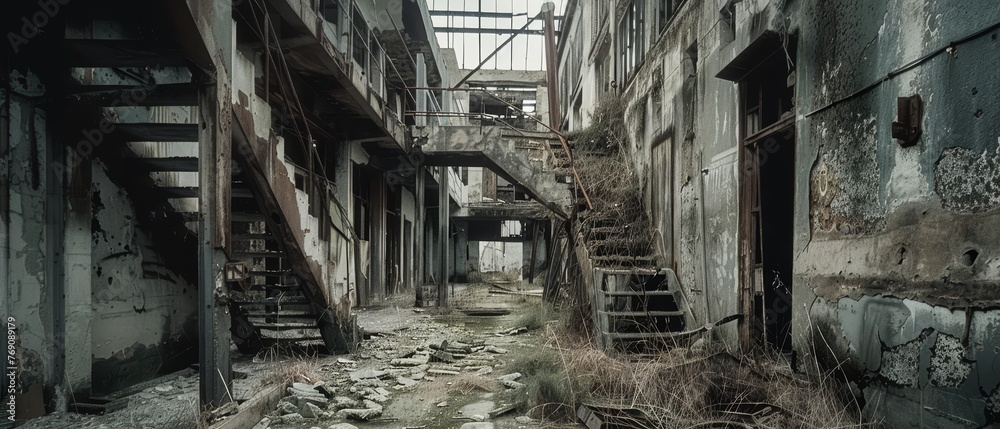 The haunting remnants of an abandoned factory, with crumbling staircases and derelict machinery, speak to a bygone industrial era.. The haunting remnants of an abandoned factory, with crumbling staircases and derelict machinery, speak to a bygone industrial era..
