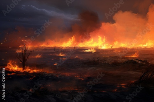 burning dry withered grass in a field or steppe. a strong fire, a large open flame. a natural disaster. © MaskaRad