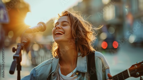 Happy young woman singing in the street photo
