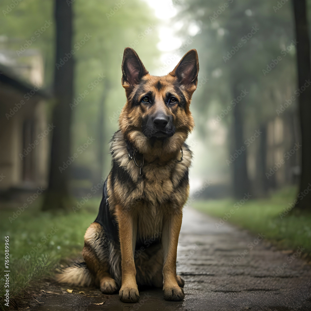 A German Shepherd dog standing forlornly amidst a misty forest