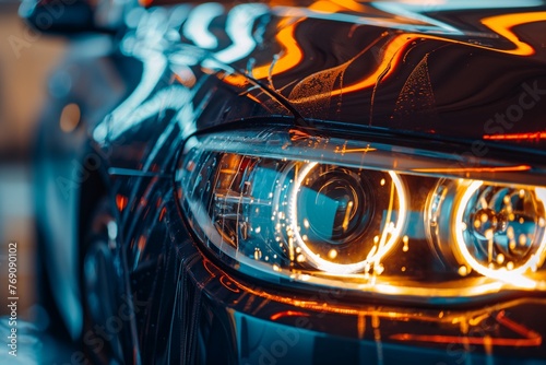 A close-up of the headlights of a car being polished to remove dust, dust removal from the car headlights, car wash, mobile detailing, car detailing closeup, dust cleaning from the car, car cleaning photo
