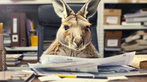 A kangaroo is seated at a desk  surrounded by a stack of papers  appearing engaged in work or study