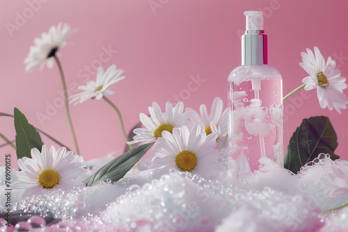 Skincare Essence in Pump Bottle with Daisies, Pink Serenity Aesthetics