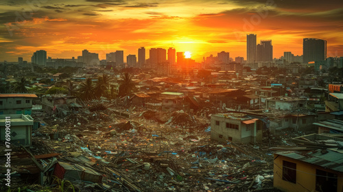 A vivid sunset casts warm light on a contrasting urban scene with modern buildings towering over a cluttered, debris-strewn neighborhood