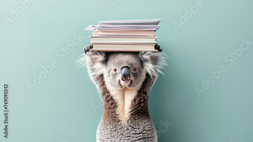Fototapeta Naklejka Na Ścianę i Meble -  A koala is balancing a stack of books on its head in this unique and amusing scene