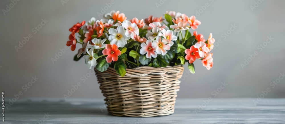 Artificial flowers in a basket on a gray surface