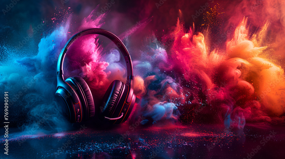 World music day banner with headset headphones on abstract colorful dust background. Music day event and musical instruments, Generative Ai - obrazy, fototapety, plakaty 