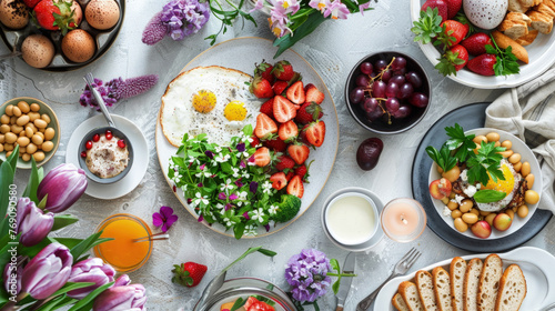 A beautifully arranged brunch table with seasonal flowers and a variety of healthy dishes, including eggs, fruits, and salads photo