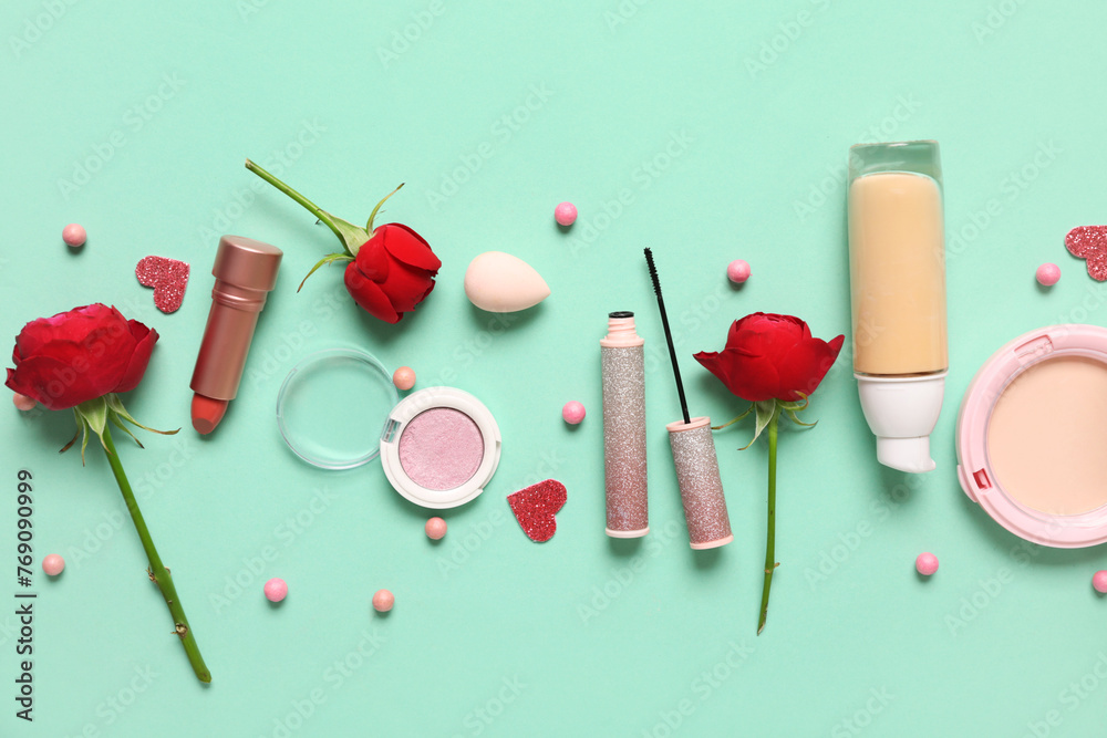 Cosmetic products with red roses on turquoise background. Valentine's day celebration - obrazy, fototapety, plakaty 