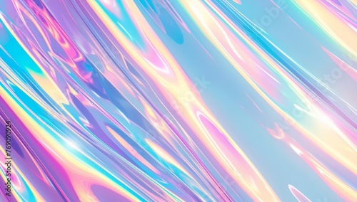 A holographic rainbow foil background with colorful reflections, creating an otherworldly and vibrant atmosphere.