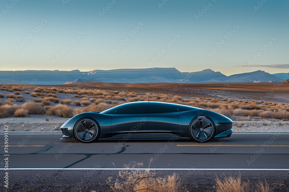Sleek Autonomous Electric Vehicle, Innovation in Desert Landscape