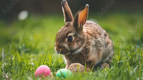 A small rabbit is seated in green grass, adjacent to colorful Easter eggs, under the bright sun