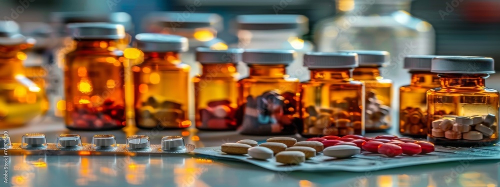 different bills and bottles for pharmaceutical and healthcare medication and drug research labs concepts with copy space area different bills and bottles for pharmaceutical and healthcare medication and drug research labs concepts with copy space area