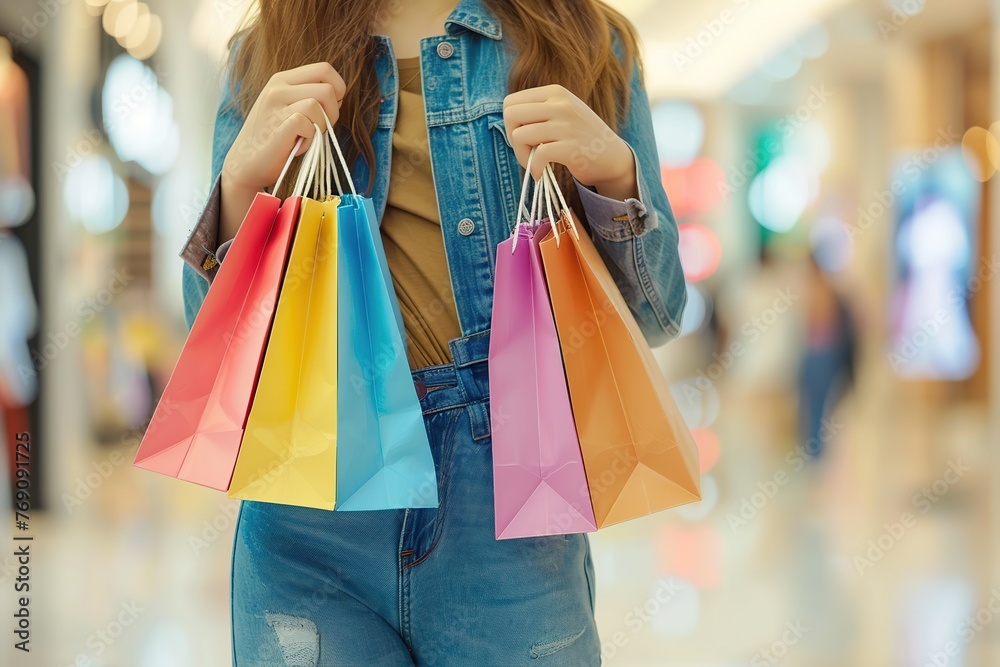 Beautiful woman holding colorful shopping bags on blurred shopping mall background