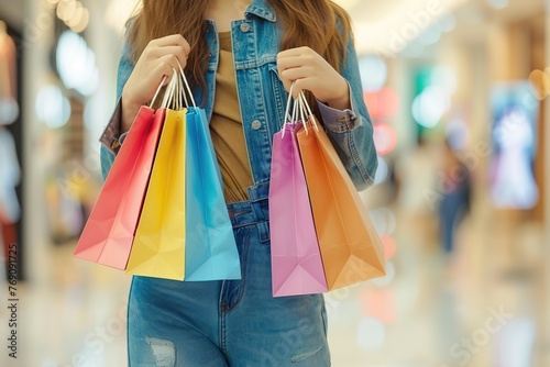 Beautiful woman holding colorful shopping bags on blurred shopping mall background