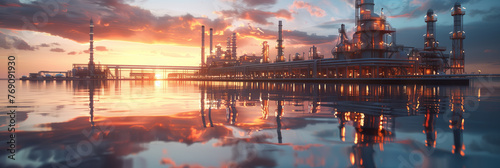 3D rendering of a modern oil and gas production plant with large pipes. photo