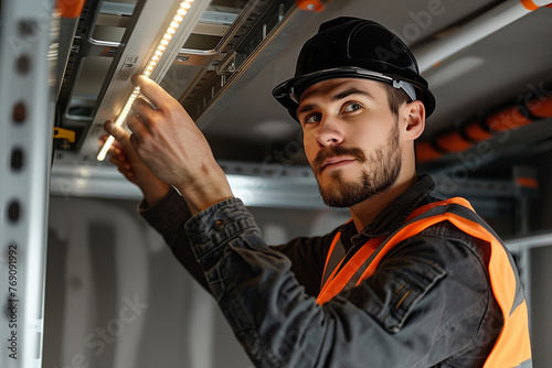 Electrician in Reflective Safety Vest Installing LED Lights, Professional Focus