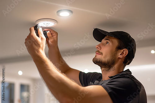 Focused Handyman in Black Cap Adjusting Ceiling Light Fixture, Home Improvement Expertise