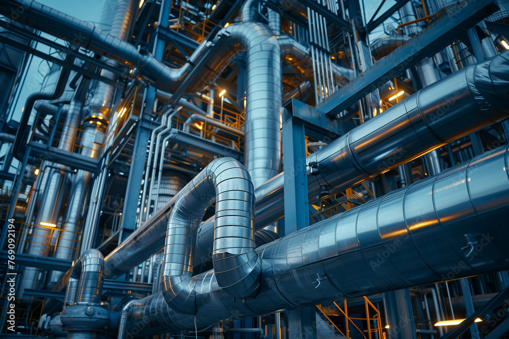 3D rendering of a modern oil and gas production plant with large pipes.
