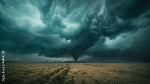 A dramatic sky filled with dark clouds as a tornado descends upon an open field