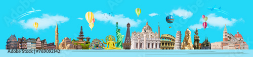 World landmarks and famous monuments collage isolated on panoramic blue background © Solarisys