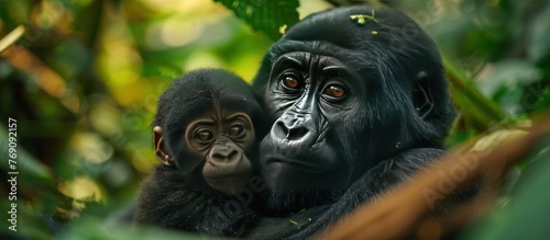 gorilla with a baby in forest