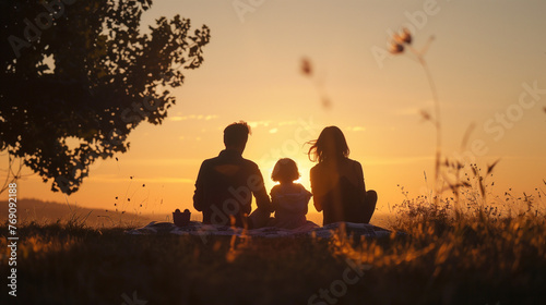 Family Sitting on Blanket at Sunset