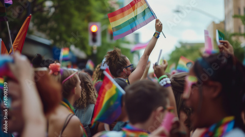 Large Group of People Waving Rainbow Flags at LGBTQ Parade