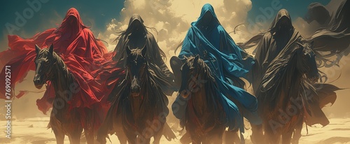 four horsemen, cloaked in dark grey robes with long sleeves and hoods covering their faces riding horses on the desert sand