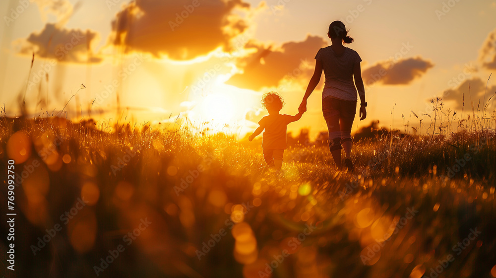 Mother and Child Walking Through Field at Sunset