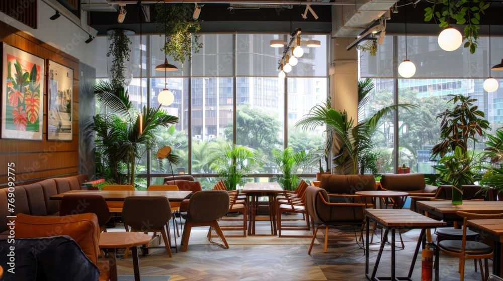 Fototapeta premium Busy Restaurant Interior With Tables and Chairs