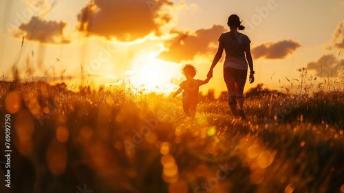 Mother and Child Walking Through Field at Sunset