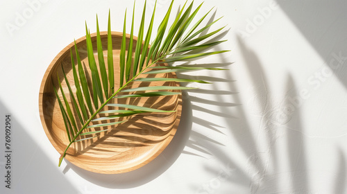 Palm tree leaf and wooden plate. Minimalism style illustration, top view, copy space. Natural organic concept, modern design