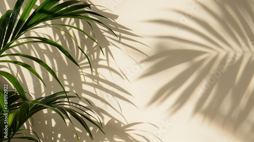 Palm tree leaves over white wall. Minimalist style background, copy space. Natural organic concept, modern design