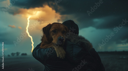 A person holding a dog close as lightning flashes in the sky