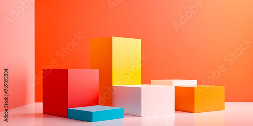 Vibrant Display Podiums in Retail Store. This image captures the interior of a modern retail store, featuring three brightly colored display podiums.
