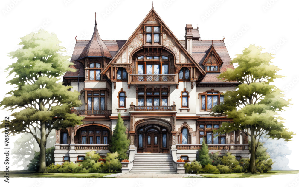 A detailed drawing of an expansive mansion adorned with numerous windows, exuding an aura of radiance
