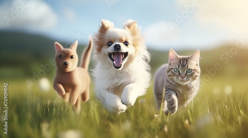 Cute Funny Dog and Cat Group Jumps and Running

 photo