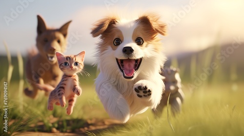 Cute Funny Dog and Cat Group Jumps and Running

 photo