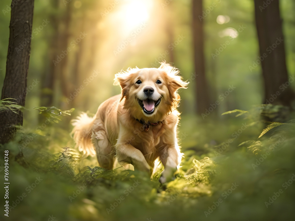 A Golden Retriever dog's charming smile in crisp the natural background A Golden Retriever dog's charming smile in crisp the natural background