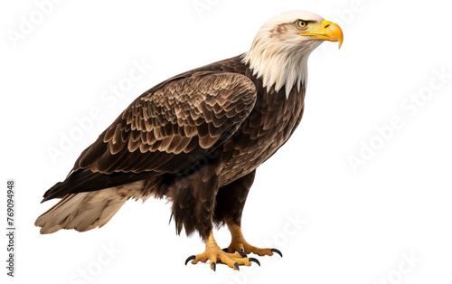 A powerful bald eagle striking a regal pose against a stark white background