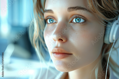 Young woman receptionist with headset working in a call centre