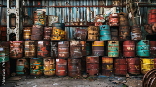Stack of Toxic Waste Barrels in Abandoned Warehouse