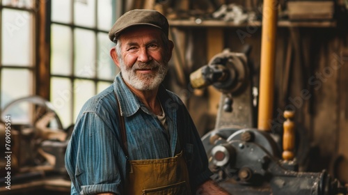 An older man with a white beard stands in a workshop wearing a hat and overalls. He is smiling at the camera. In the background, there are various tools and machinery.