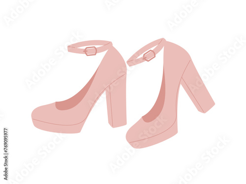 Pair of female nude color high heel shoe with a strap. Stylish footwear for women. Beige girls shoes isolated on white. Flat design illustration