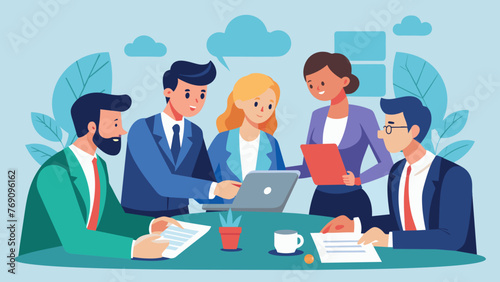 A team of legal advisors and business partners yzing and negotiating terms of a business agreement.