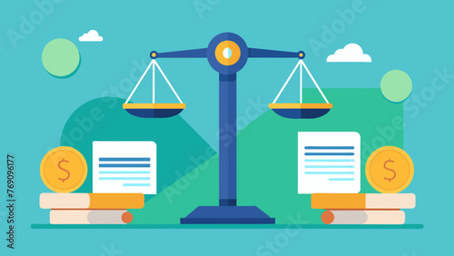 A scale balancing a pile of money on one side and a contract on the other representing the financial terms being negotiated in a licensing