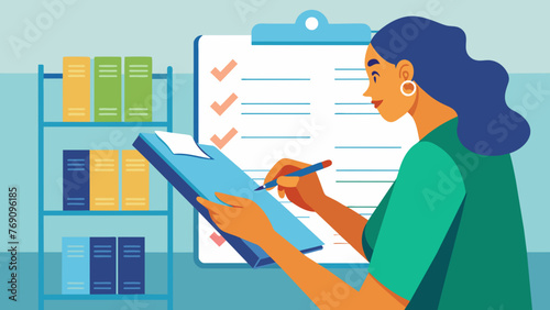 A closeup view of a womans hand writing notes on a clipboard while conducting a physical inventory check as part of a compliance audit in a