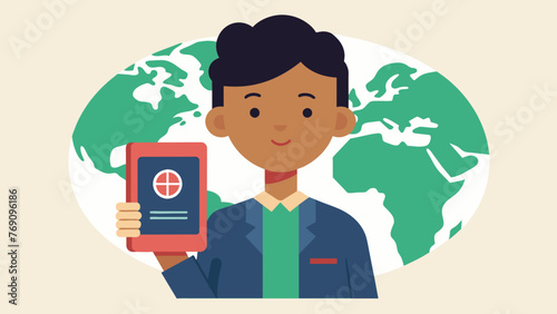 A person holding a passport with a stamp indicating that they have successfully registered their trademark internationally demonstrating the