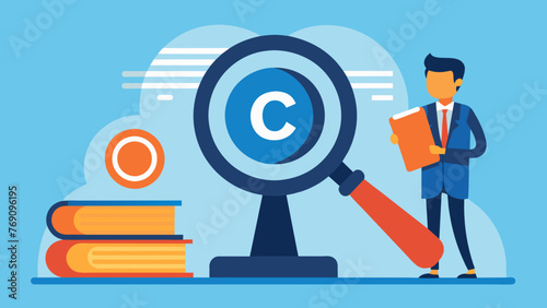 A courtroom scene with a magnifying glass highlighting the issue of ownership and originality in a copyright infringement case.